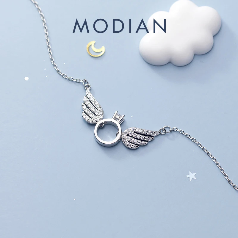 Modian Vintage 925 Sterling Silver Exquisite Angel Wings Luxury Pendant for Women Four Claw Zircon Pendant Wedding Fine Jewelry