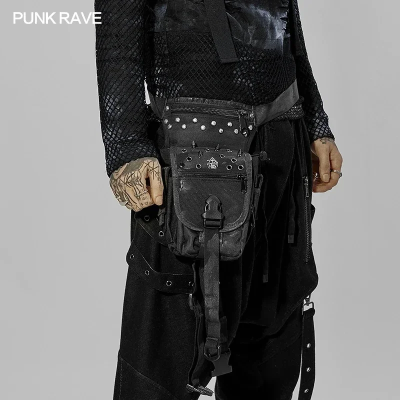 PUNK RAVE Men\'s Post-apocalyptic Style Personalized Rivet Waist Bag Punk Hand-painted Effect Decadence Sense Accessories