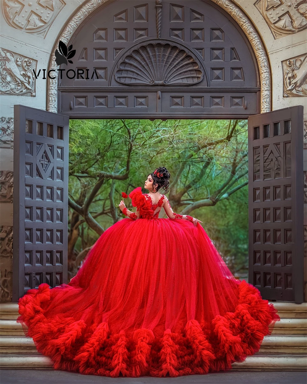 Red Ruched Ruffels Train Lace Applique Mesh Long Sleeve Quinceanera Dress Ball Gown 18th Birthday Debut vestido de charra 15 año