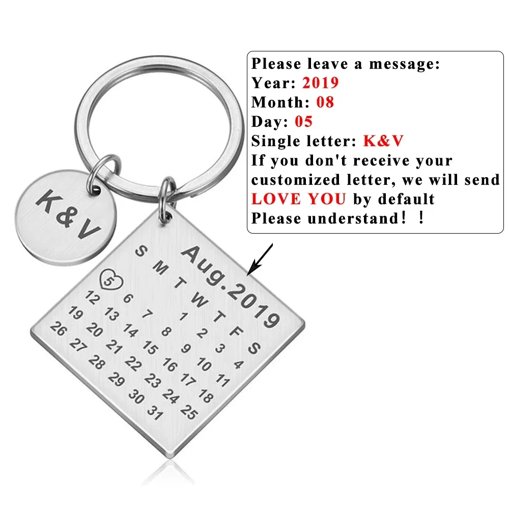 Personalized Calendar Keychain Custom Stainless Steel Keyring Anniversary Wedding Valentine Gift for Women Men Boyfriend Husband