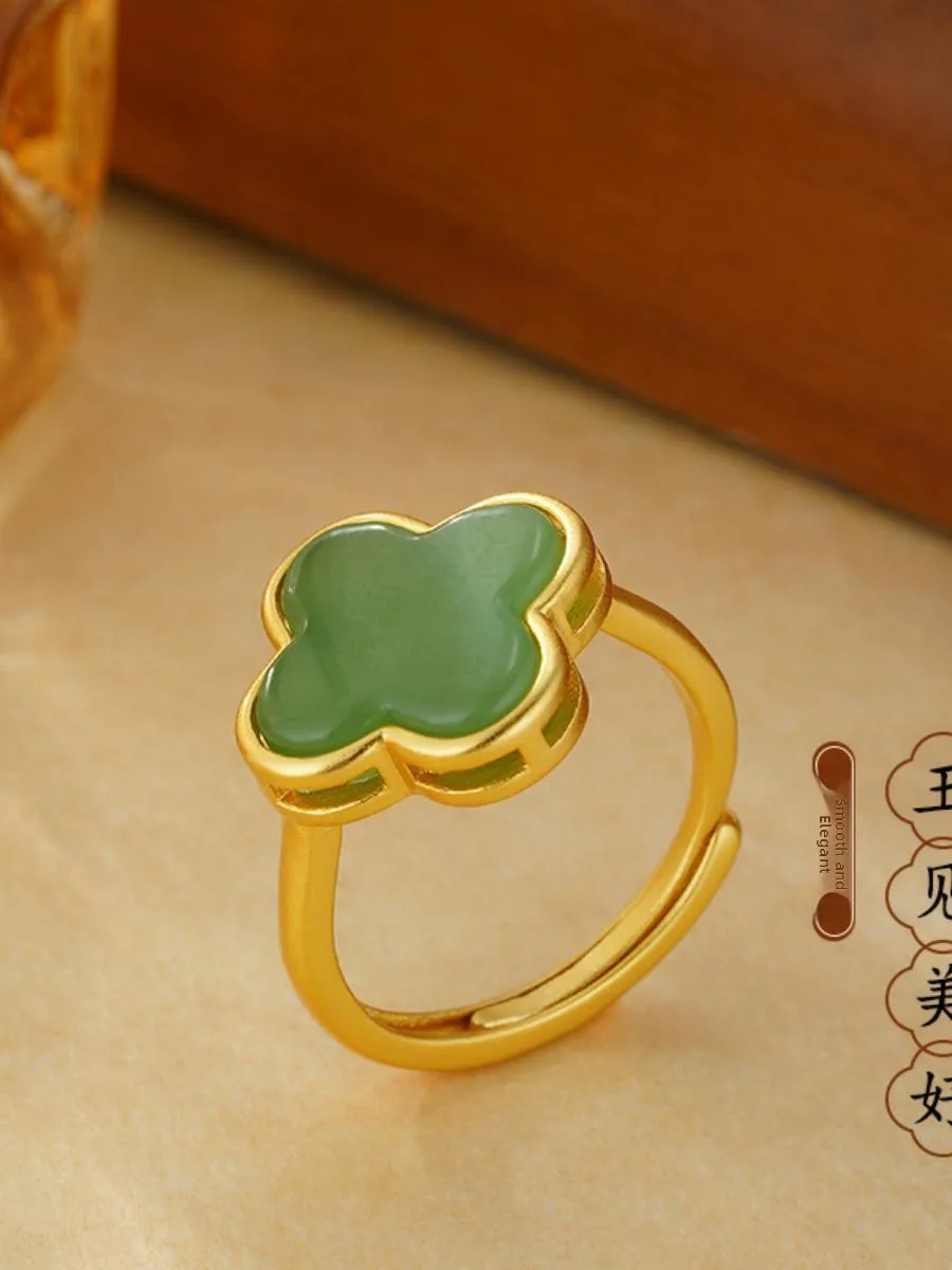 

Retro Court Style Green Four Leaf Clover Ring Fashionable Versatile Design Open Finger Ring for Women Silver Plated