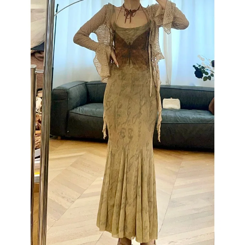 Japonês chique duas peças conjunto casual grunge cardigans cortados + vintage y2k estética cintura fina túnica sexy vestido de impressão de borboleta