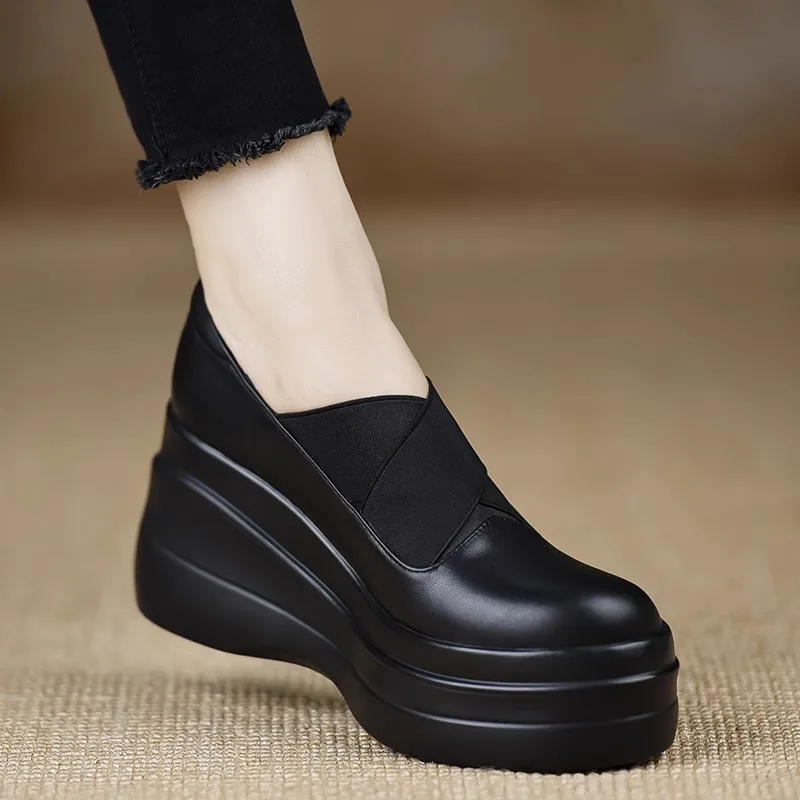 Genuine Leather Thick Heel Slope Heel Women's Shoes Spring Autumn New round Head Waterproof Platform High Heels Chunky Heel S...