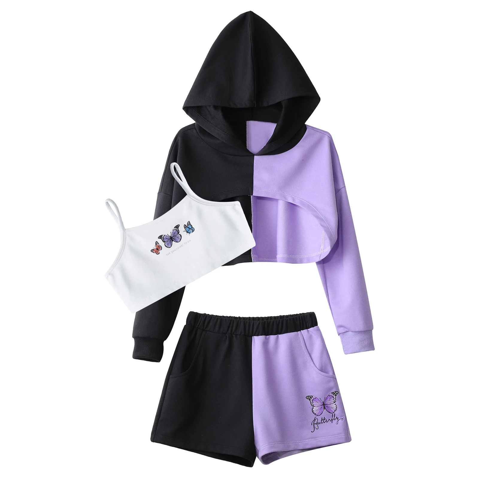 Kids Girls Sports Dance Outfits Hip Hop Street Dancing Gymnastics Costume Long Sleeve Hoodie Cropped Sweatsuit Cami Top Shorts