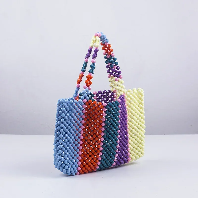 Meet You Fahsion Colorful Striped Beaded Handbag Fashion Hand-woven Acrylic Bead Evening Clutches Color Contrast Rainbow Bag