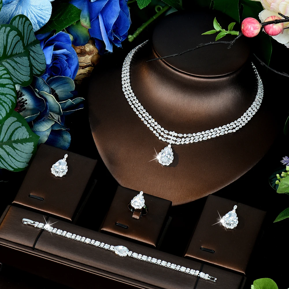 HIBRIDE Exquisite Elegant Droplet Set Necklace Earrings and Bracelet Womens Everyday Jewelry Wedding Bridal Travel Gift S-1266