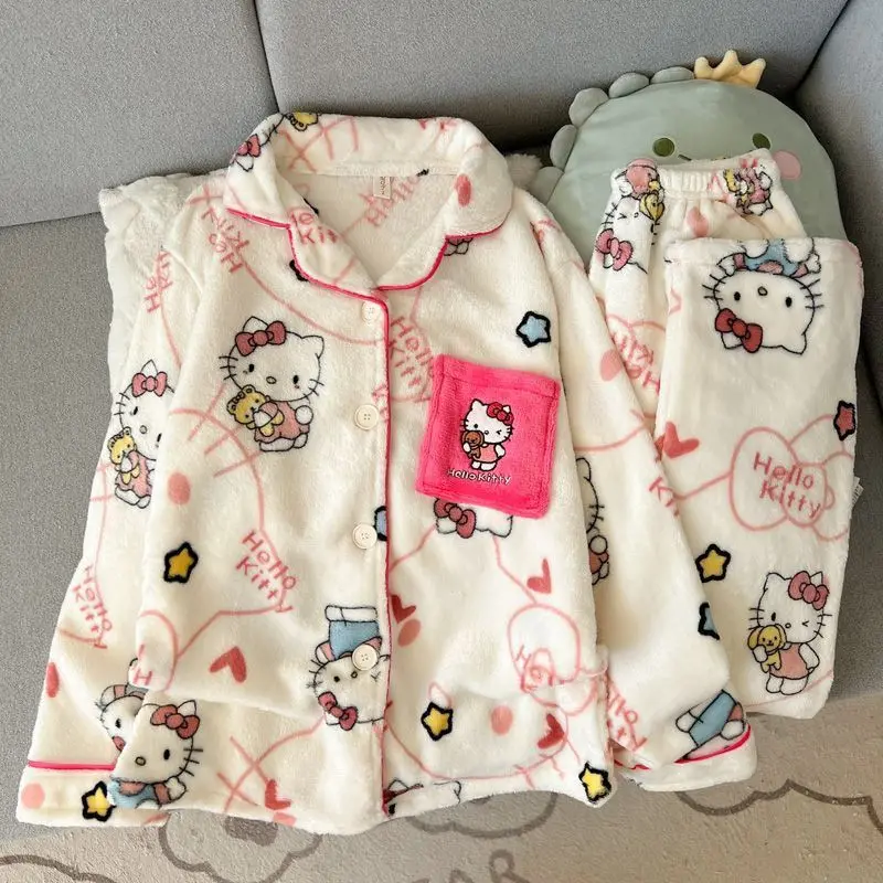 

Модные пижамы Hello Kitty для девочек, бархатные утолщенные брюки с длинными рукавами, коралловый милый фланелевой комплект зимней домашней одежды с героями мультфильмов