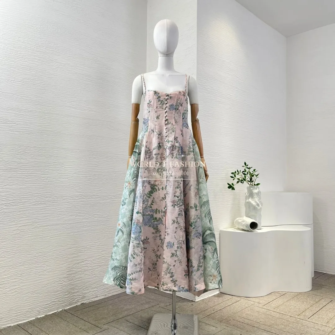 

Pink Floral Leaf Print Sleeveless Pleat Midi Dress 2025 Silk Linen
