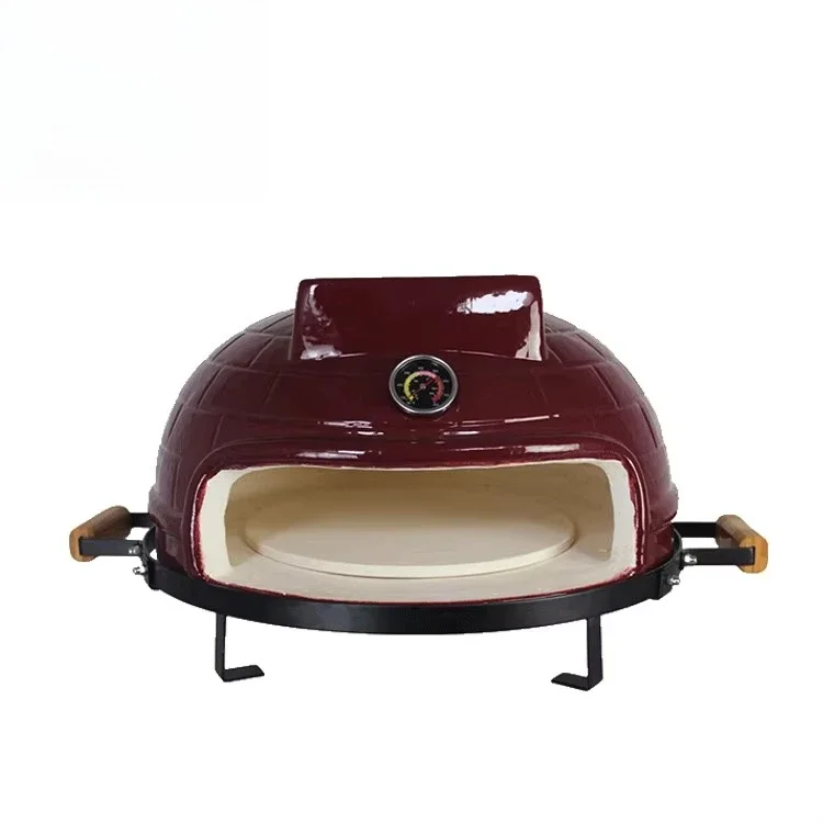 Cherry Red 21 Inch Ceramic Kamado Charcoal Grill Wood Fired Pizza Oven with Wooden Handles Stand for Outdoor Cooking