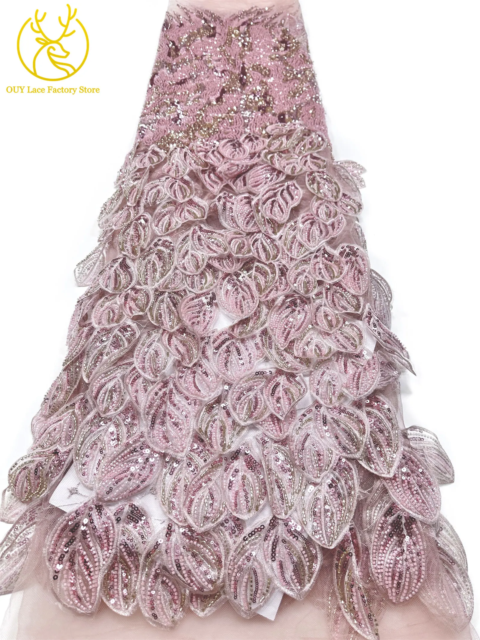 3D Fashion Nigerianischer handgefertigter Spitzenstoff mit Stickerei und Pailletten, 2026, hochwertiger französischer Tüll-Spitzenstoff für Hochzeitskleider – Detail 6