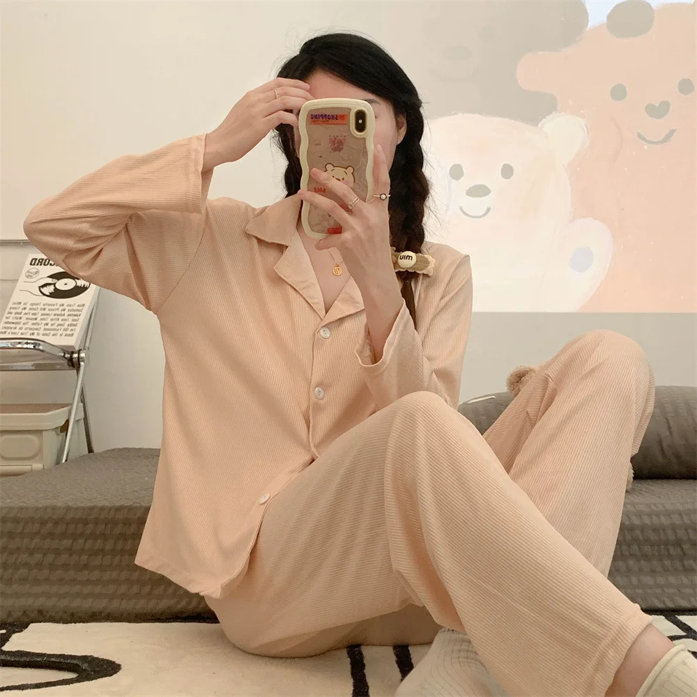 Spring Khaki Women 2PCS Sleepwear Pajamas Set Loose Sleeve Elastic Waist Trouser Suits Loose Casual Home Clothes Lounge Wear