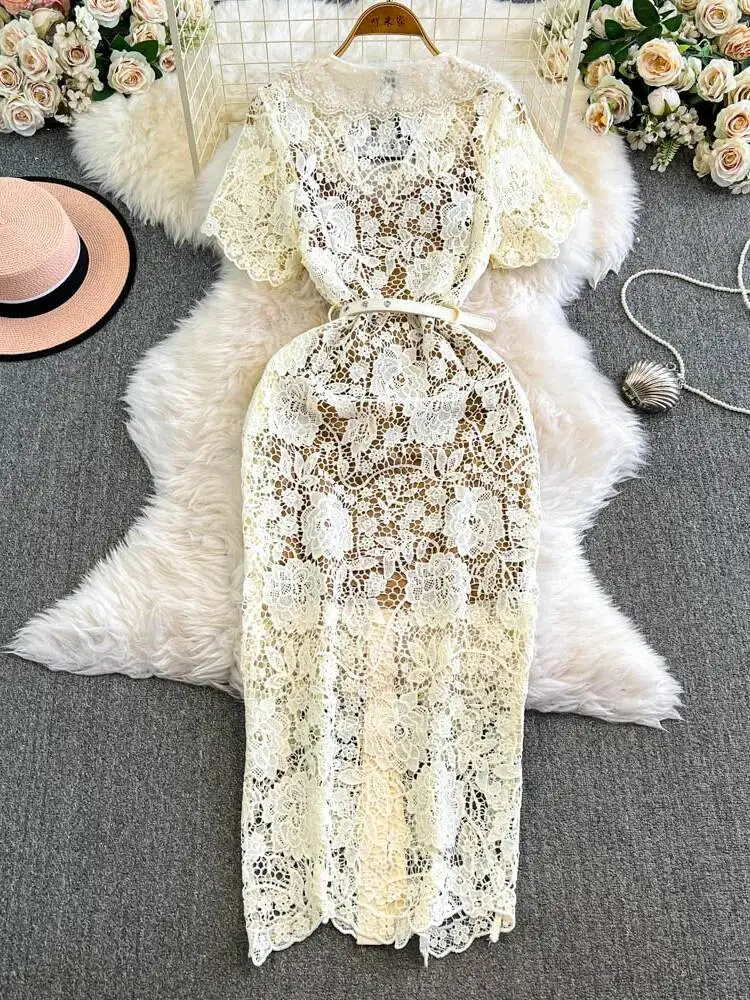 Robe de Soirée en Dentelle Brodée de Fleurs pour Femme, Tenue de Bal de Qualité, Manches Courtes, Tambour, Crayon, Perles, Diamants, Été, Automne