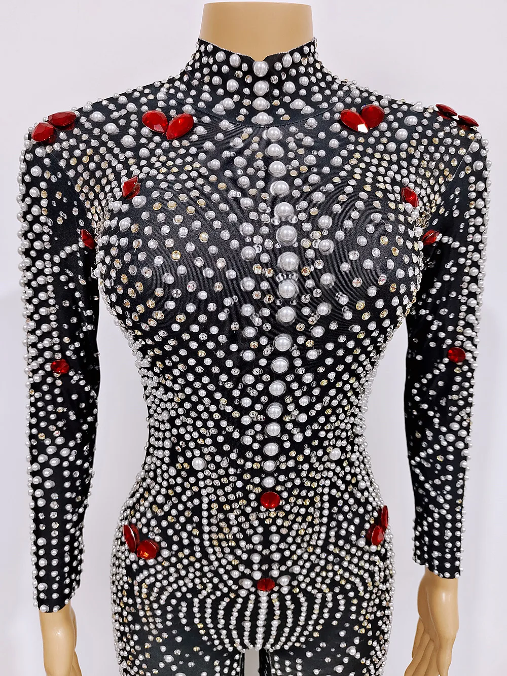Women Sparkly Rhinestones Pearl Tight Jumpsuit for Celebrity Birthday Luxury Evening Party Rompers Bar Singer Stage Show Costume