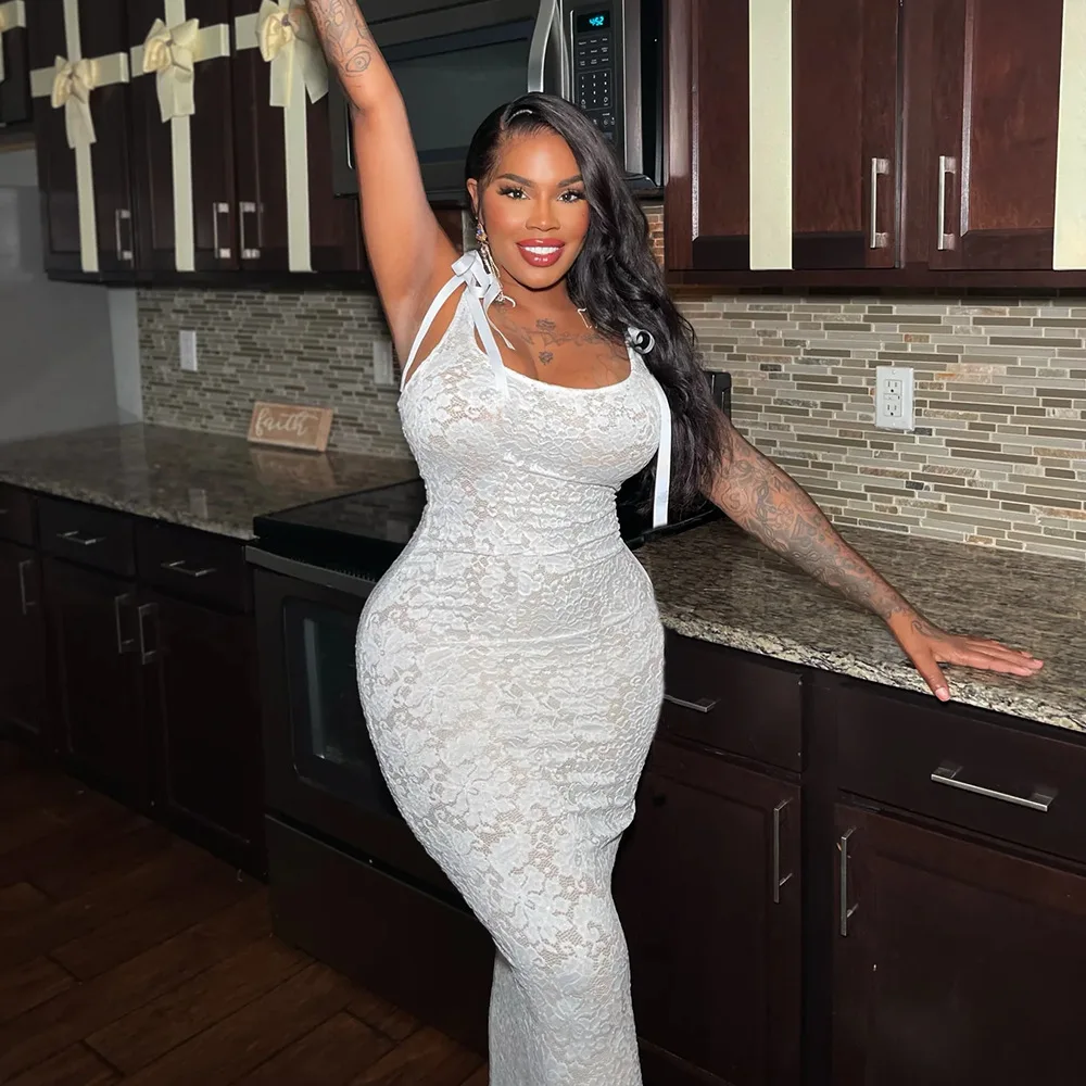 Primavera e verão feminino recém chegados laço sexy volta renda dupla camada vestido longo