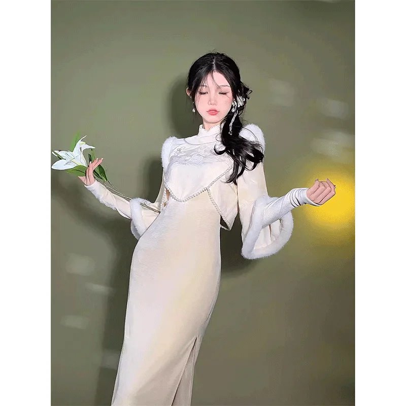 MiiiiX Chinese Style Fake Two-piece Set Long Dress Women's Improved Cheongsam 2024 Autumn Splicing Cloak Sleeves Thicken Dress