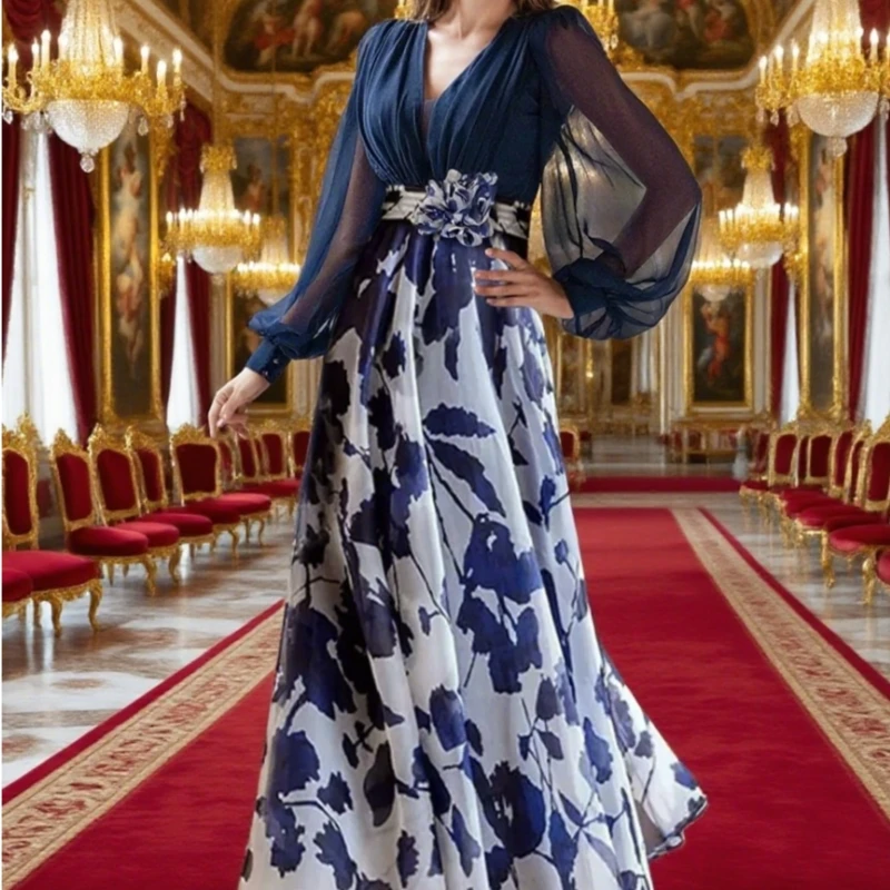 

A-Line Mother of the Bride Dress Formal Wedding Guest Elegant V Neck Floor Length Printed chiffon Length Sleeve Customized