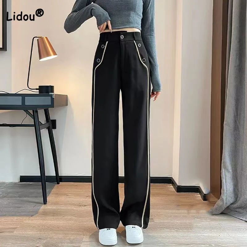 

Fashion Casual High Waist Female Wide Leg Pants Commute Korean Button Spliced Solid Color Loose Trousers Summer Womens Clothing