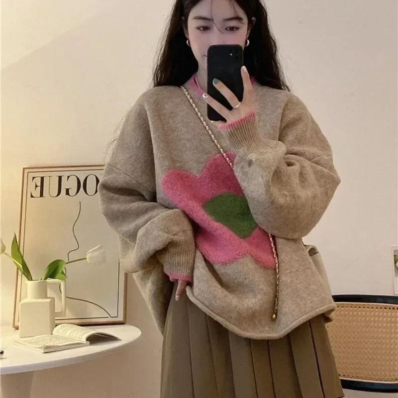 Kimotimo Flower Jacquard Knitted Sweaters Women Autumn Winter Contrast O-neck Loose Pullovers Korean Design Sweet Pull Top