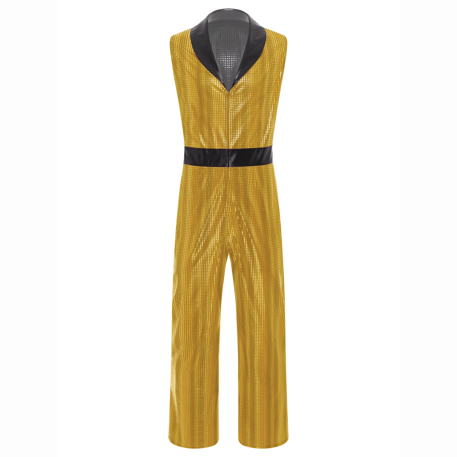 

Men Retro 1920s Disco Dance Jumpsuit V Neck Sleeveless Wide Leg Bodysuit Metallic Shiny Plaid Romper for Club Stage Rave Party