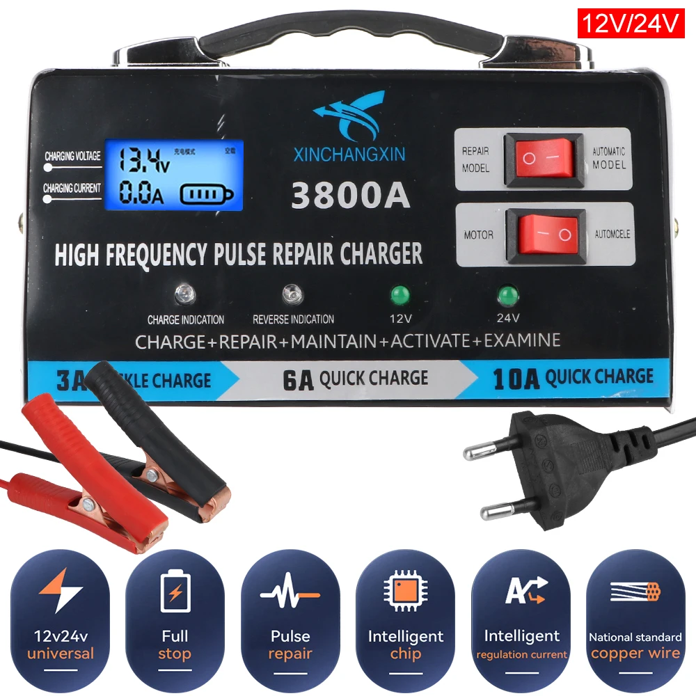 Fast Charger For Lead Acid Battery Full Automatic Car Battery Charger Repair Battery Charger 12V 24V EU Plug High Power