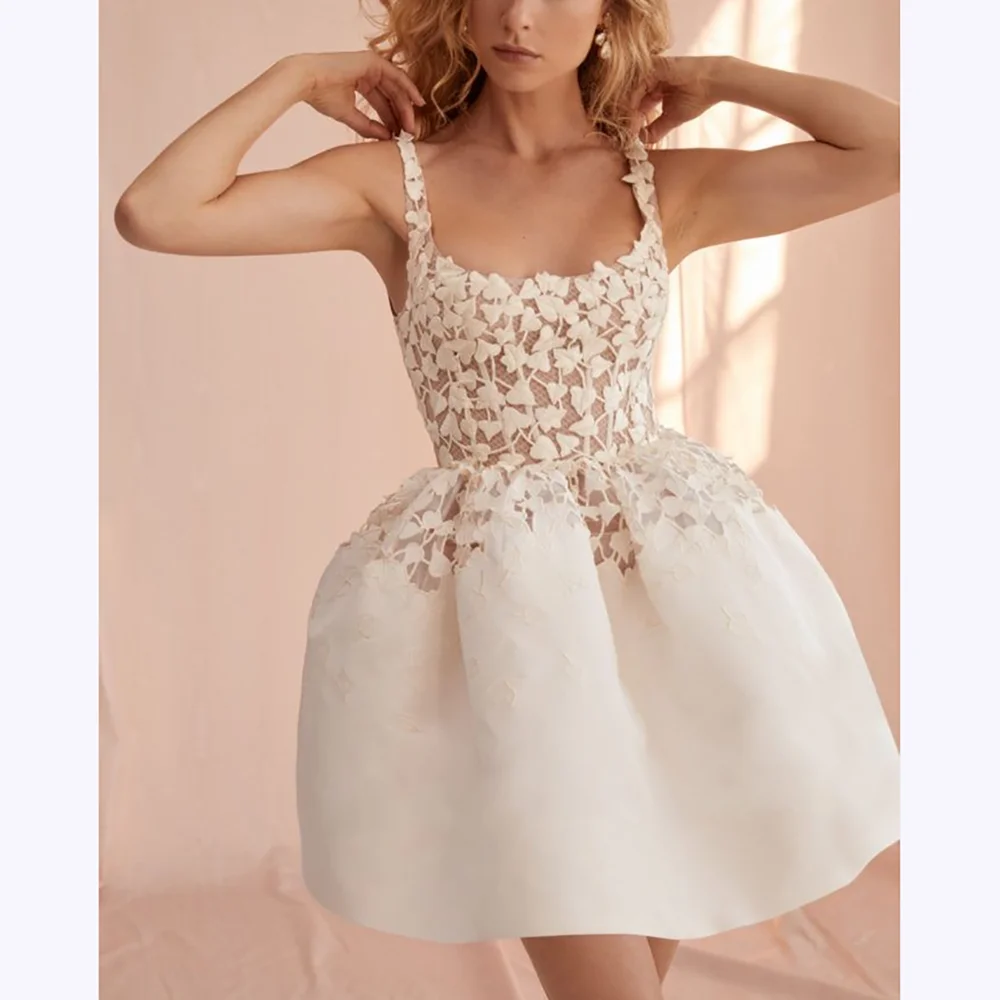 

White Lace Prom Dresses Chic Square Collar Sleeveless Mini A-Line Party Gown Above Knee Length Formal Evening Dress Elegant