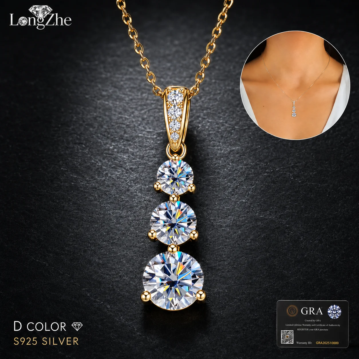 LongZhe S925 Silver Moissanite Drop Pendant Necklace 1.85CT Three Stone Design Women Fine Jewelry Anniversary Gift GRA Certified