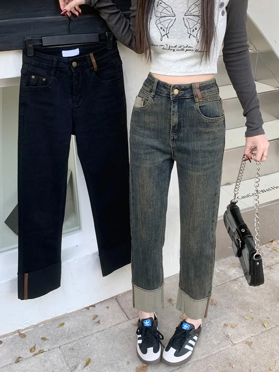 Retro Elastic Straight Leg Jeans Women's High Waist Slimming Nine Point Smoking Pants Spring Autumn plus Size Small Figure