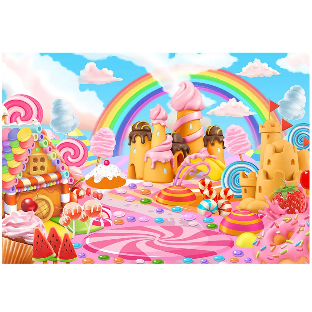 Mocsicka เด็กทารกพื้นหลัง Candy Ice Cream การ์ตูนปราสาทสายรุ้งเด็กวันเกิด PARTY Decor ฉากหลังโต๊ะแบนเนอร์