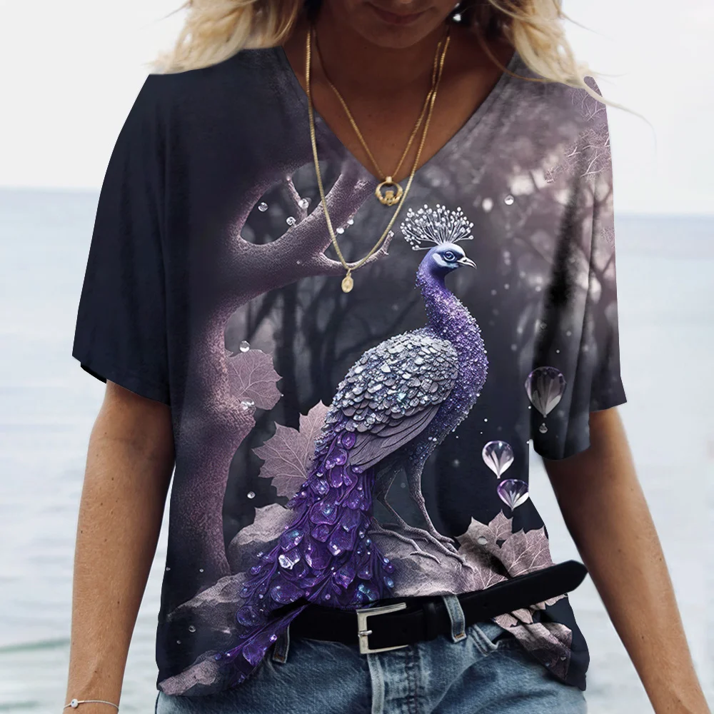 Luxury Peacock Graphic Women\'s T Shirt Summer Loose Ladies Clothes V Neck Oversized Blosue Female Daily Short Sleeve Casual Tees