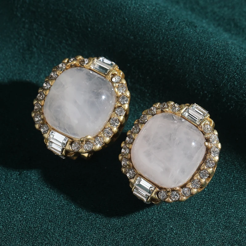 Vintage Pink Square Natural Stone Opal Earrings Stud Rhinestones For Woman Accessories Luxury Jewelry Antique Designer Wedding