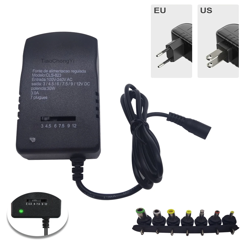 30W 3A Adjustable Adapter Power Supply Charger Multi Voltage AC 220V TO  DC 3V 4.5V  6V  9V 12V  EU US Converter Adapter Plug 7