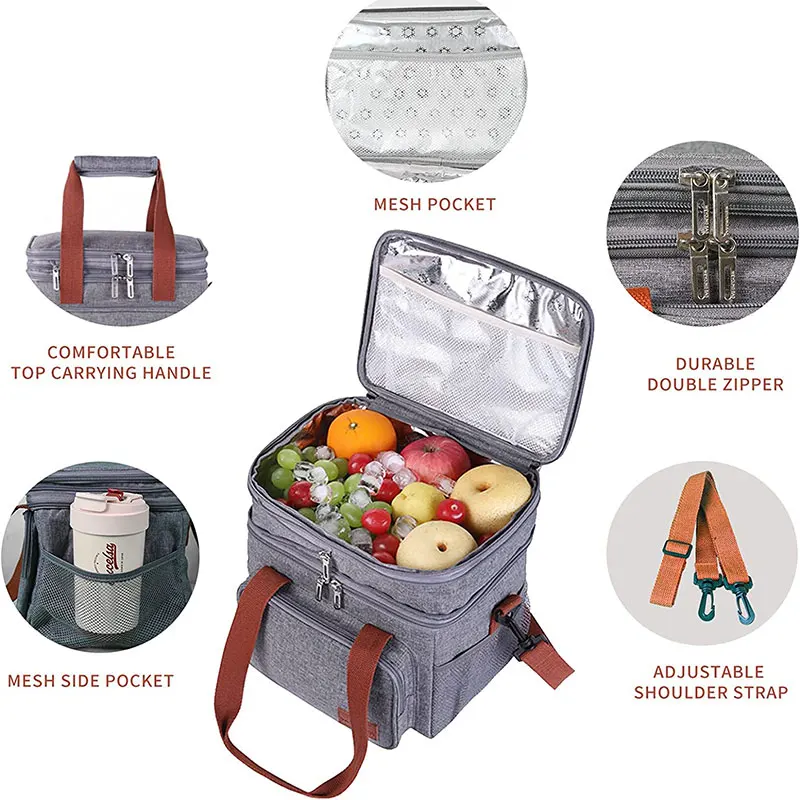 Double Deck Lunch Bag Insulated Bento Lunch Bags Women Men Portable Tote Leakproof Soft Food Cooler Bags for Work Travel Picnic