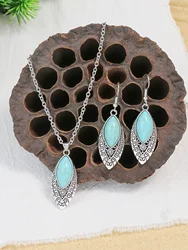 Ethnic Boho Turquoises Necklace Earring for Women Vintage Silver Plated Carved Flower Dangle Earrings Indian Jewelry Gift