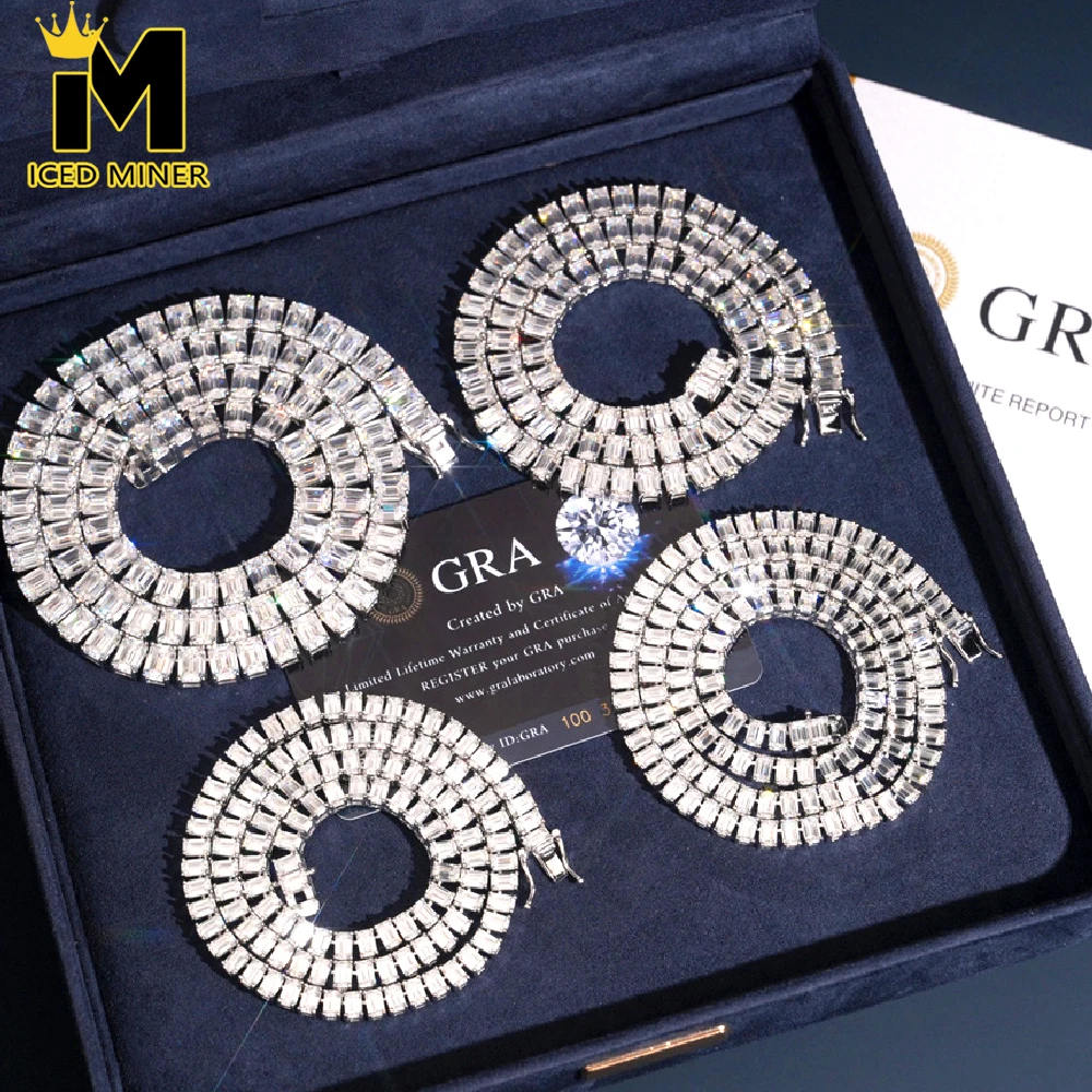 

Icedminer BIG Baguettes Moissanite Diamonds Tennis Link Chain Iced Out Necklaces For Men Women S925 Silver Choker Pass Tester