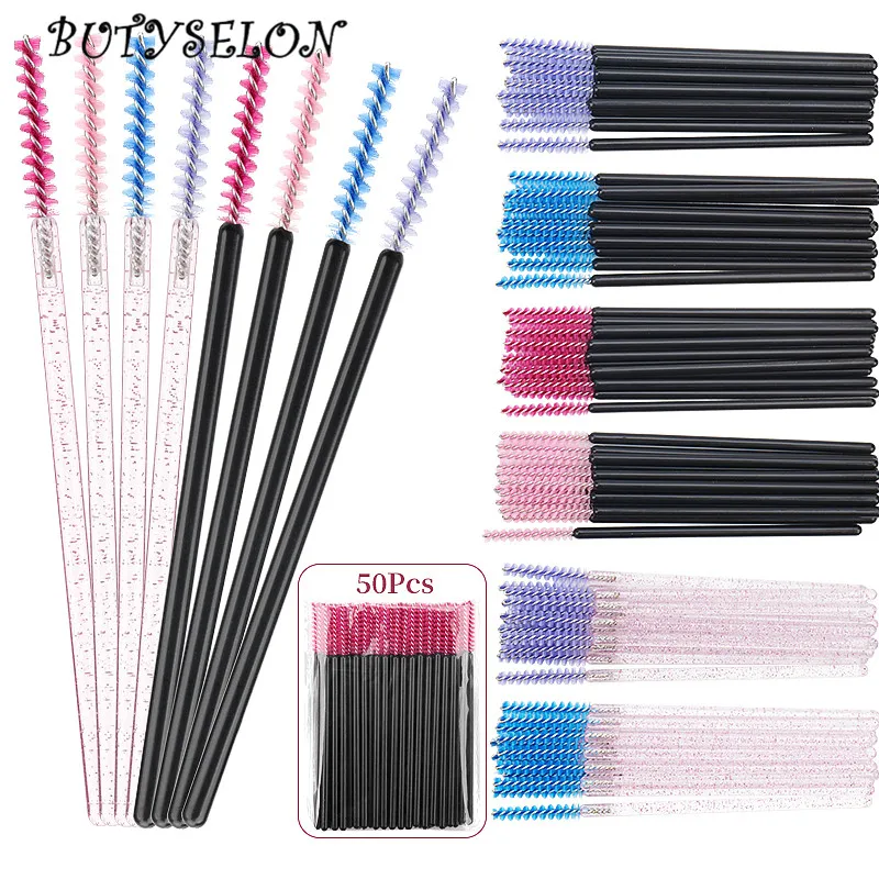 50pcs Disposable Eyelash Brush Crystal Eyebrow Makeup MicroBrush Diamond Handle Mascara Wand Applicator Lashes Extension Tool