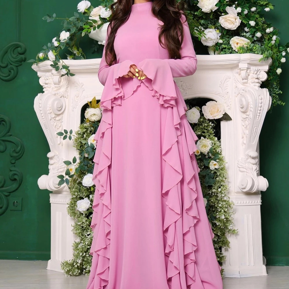 

High Collar Chiffon Criss-Cross Long Sleeves Floor Length Pleats Ruffles Flare Sleeves Sweep Train Temperament Evening Dress