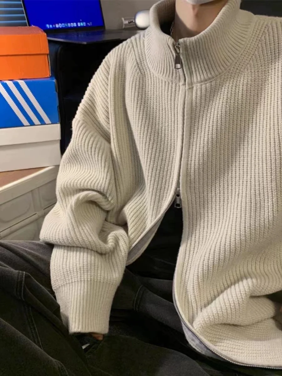 

Trendy High Collar Open Cardigan Sweater Men's Spring Autumn Double Zipper Loose Fit Versatile Knitted Design Casual Outerwear