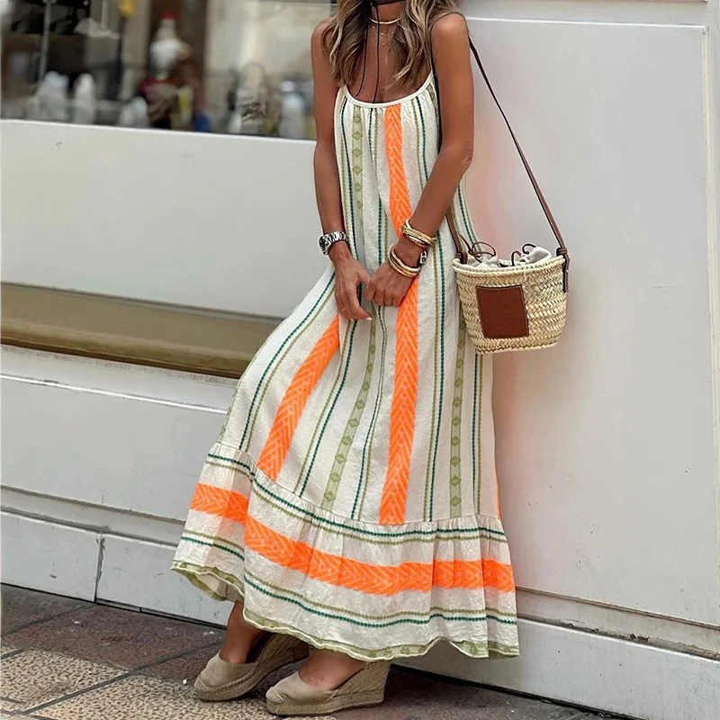 Sukienka w paski Spaghetti Summer Casual Ladies Long Simple Backless Beach Sleeveless Party Dresses