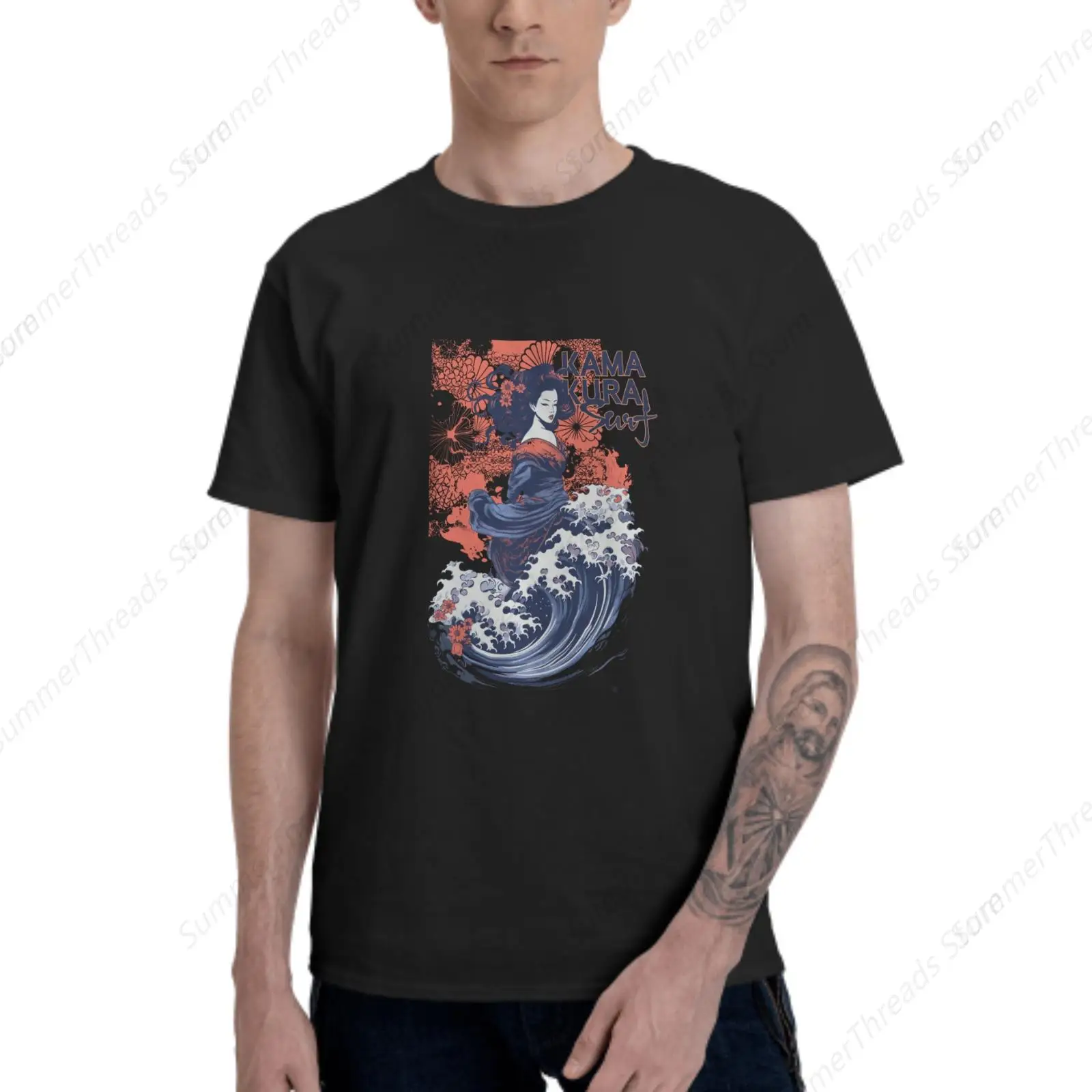 

Trendy Men's T - Shirt with "KAMAKURA " Print, Japanese Wave & Geisha Art, Bold Cultural Style, Comfortable Short - Sleeve S