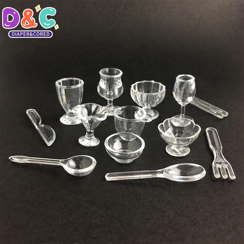 13Pcs/Set Mini Transparent Kitchenware Toy Drink Cups Dish Plate Tableware Miniatures DIY Pretend Play Mini Plastic Cup Toy