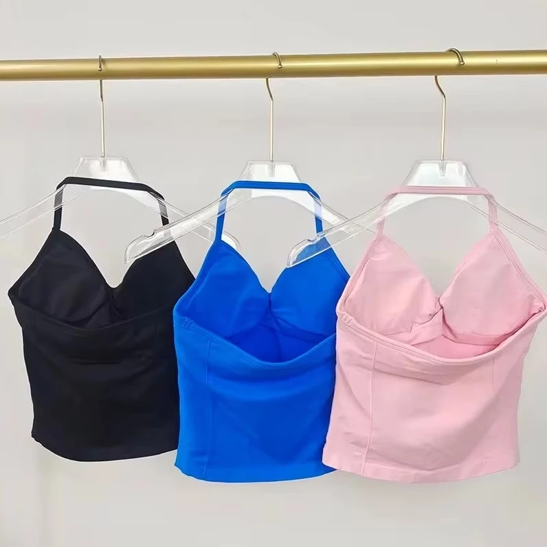 

2025 New Lace-Up Fitness Top Halter Custom Logo Fitness Wear Women's Scratch Built-in Bra Strap Removable Cup Yoga Vest