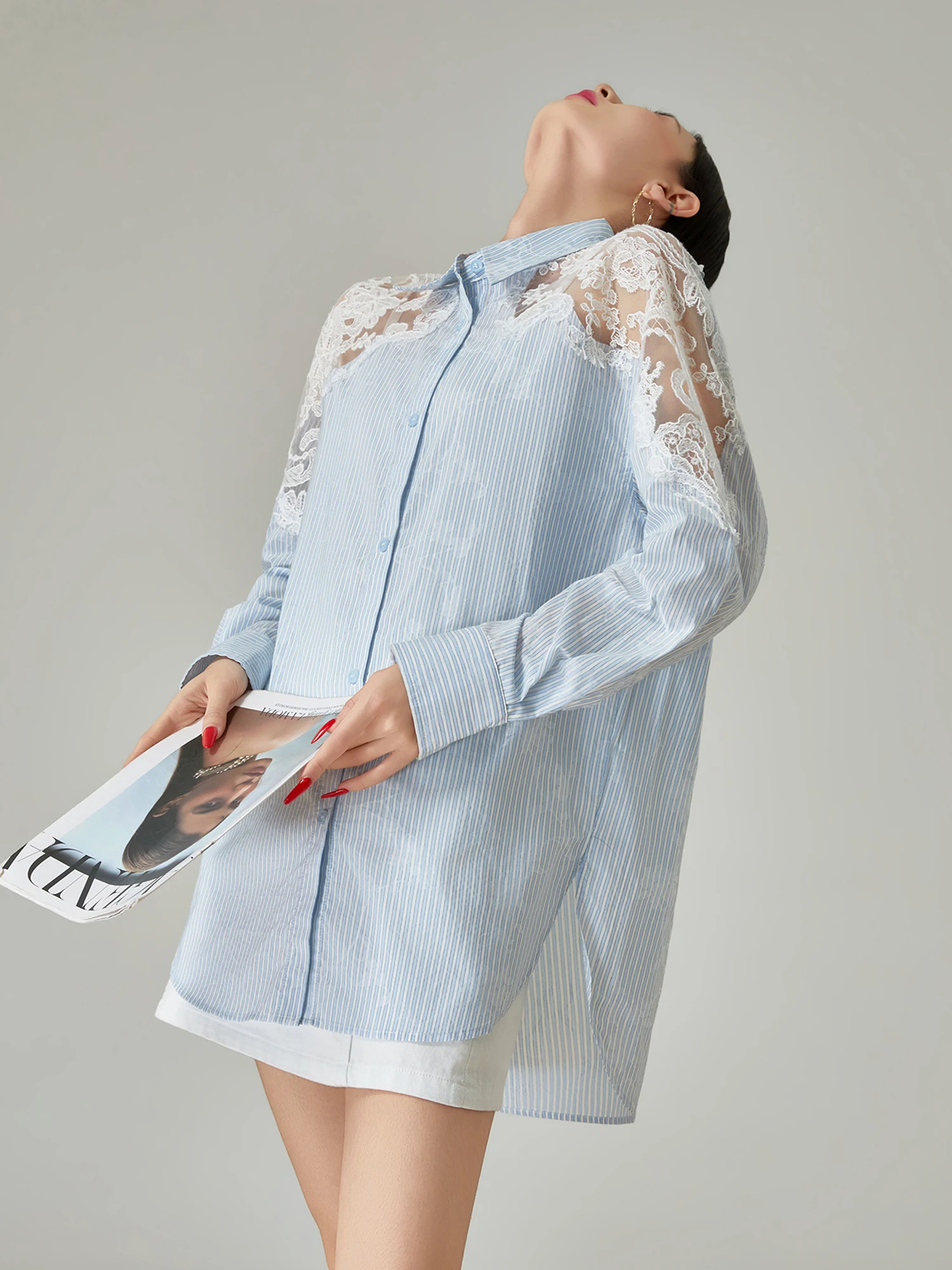 

Ретро-рубашка с вышивкой и кружевом в морском стиле, сине-белая, женская, весна-лето, новый дизайн, повседневная, для работы и отдыха