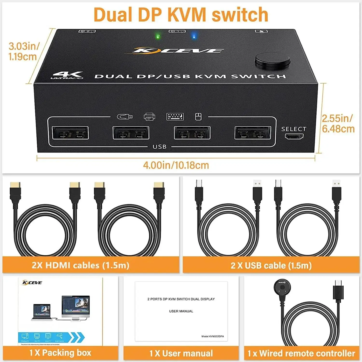 Displayport KVM Switch 2 Monitor 2 computer, per 2 computer condividi 1 Monitor e 4 porte USB2.0, supporta le modalità di copia ed estensione