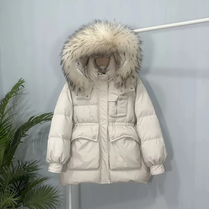 Real raccoon fur collar Parker Down Jacket Women's Mid to long 2026 Winter New Fashion Waist cinching Slimming Thick Warm Coats