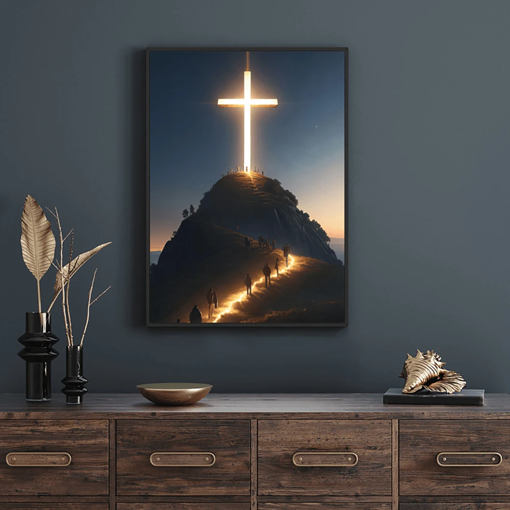 Modern Christian Cross On The Top Of The Mountain Wall Art Canvas Painting Jesus Believers Posters For Room Home Church Decor