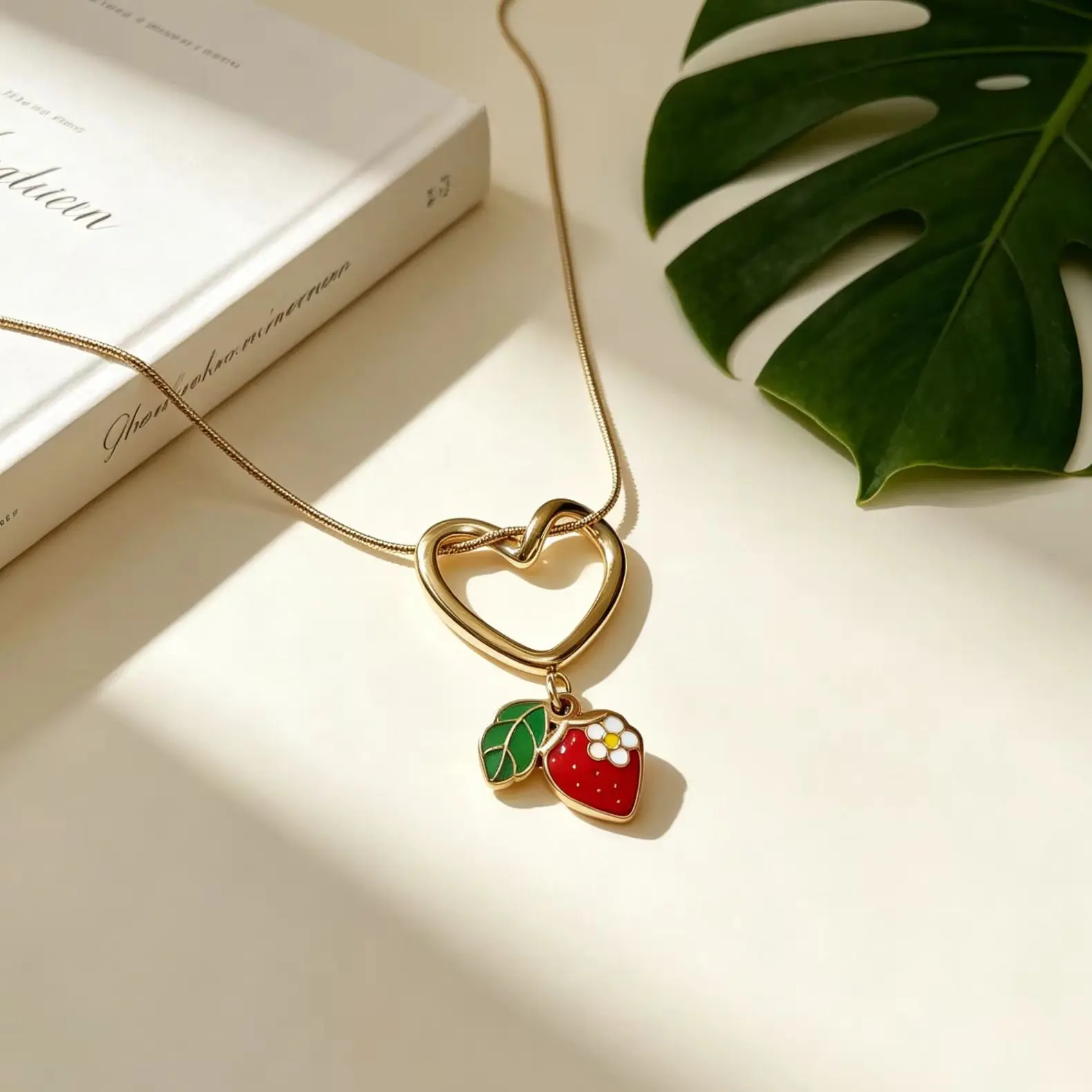 Hollow Twisted Heart Enamel Strawberry Necklace, Thin Snake Chain Cute Stackable Jewelry For Women