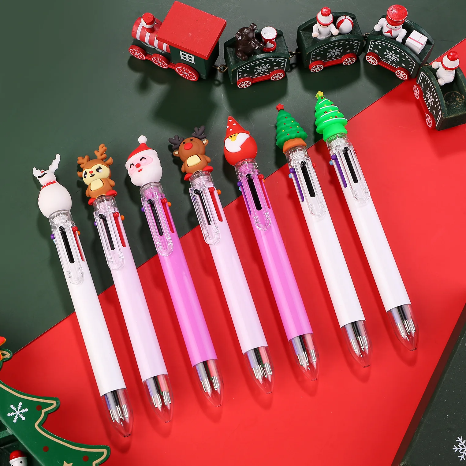 

6 Color Multi-functional Ballpoint Pens Cute Cartoon Santa Reindeer Xmas Tree Snowman Designs Pens Christmas Theme Stationery
