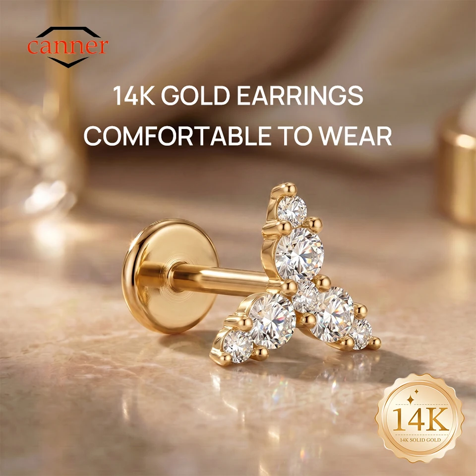 

CANNER 1PC 14K Solid Gold Classic Geometric CZ G23 Titanium Flat Back Piercing Ear Bone For Women Hypoallergenic Dainty Earring