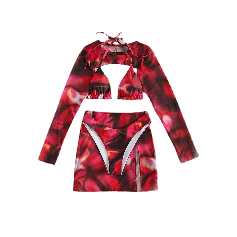 Sexy Swimwear Swimsuit Bathing Suit Women Bikini Set Three Piece Suits Print Long Sleeved Hoodie High Waist Beach Bikinis