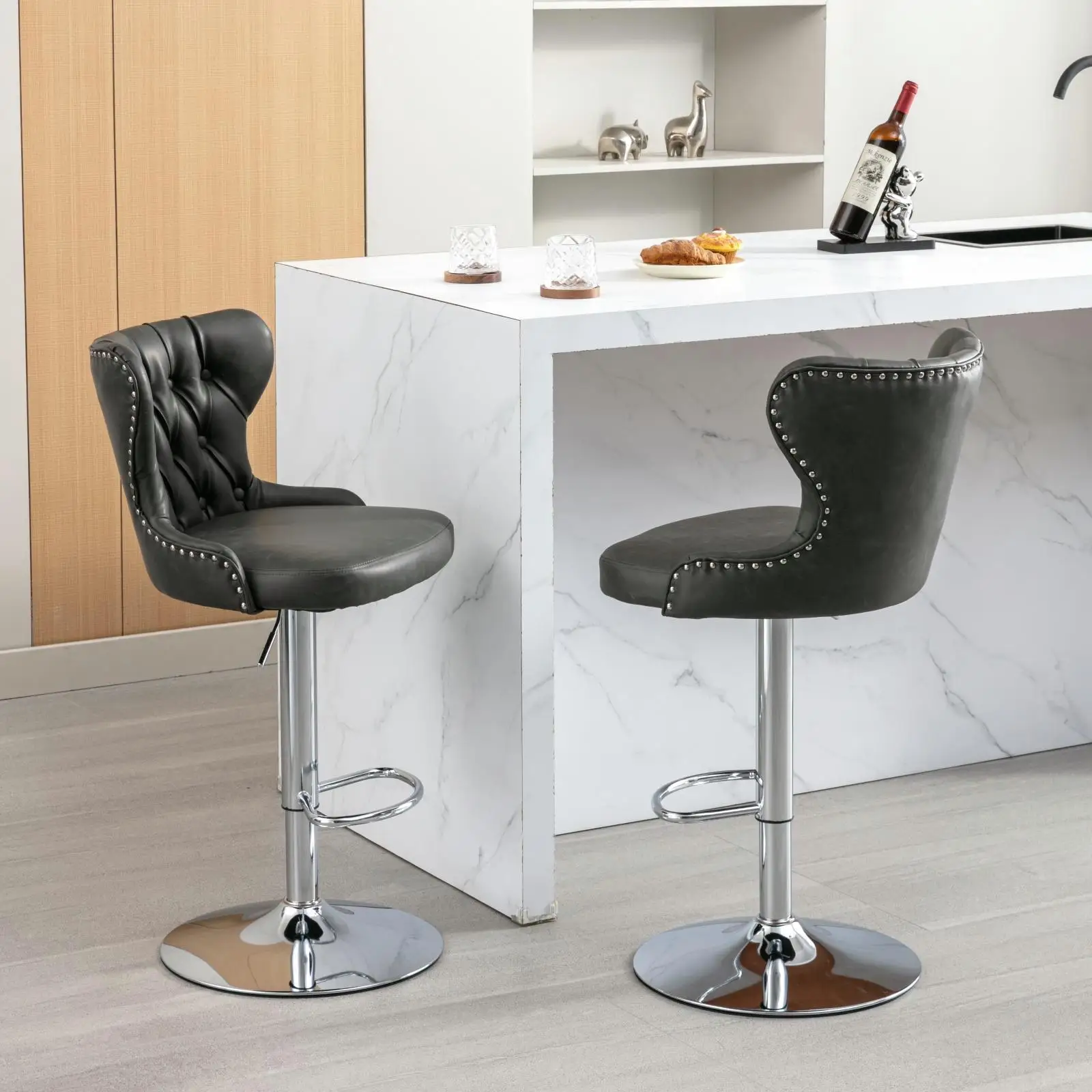 

Adjustable PU Bar Stools with Chrome Base, Modern Tufted Design, 25-33 Inch Height, Comfortable Seating for home & Kitchen